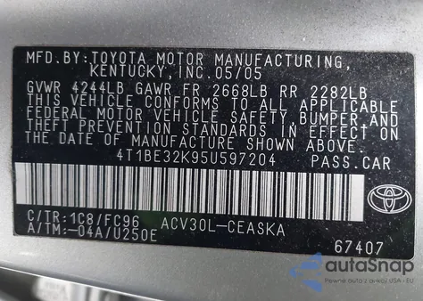 2005 Toyota Camry Se z USA, uszkodzony, nr VIN 4T1BE32K95U597204